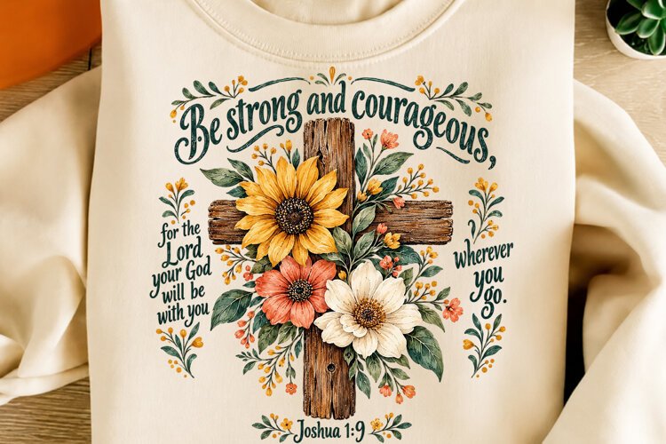 Joshua 1:9 Floral Cross Christian PNG example image 1
