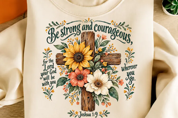 Joshua 1:9 Floral Cross Christian PNG
