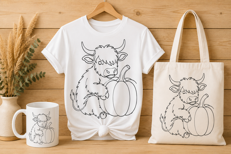 Continuous One Line Highland Cow with Pumpkin Art PNG