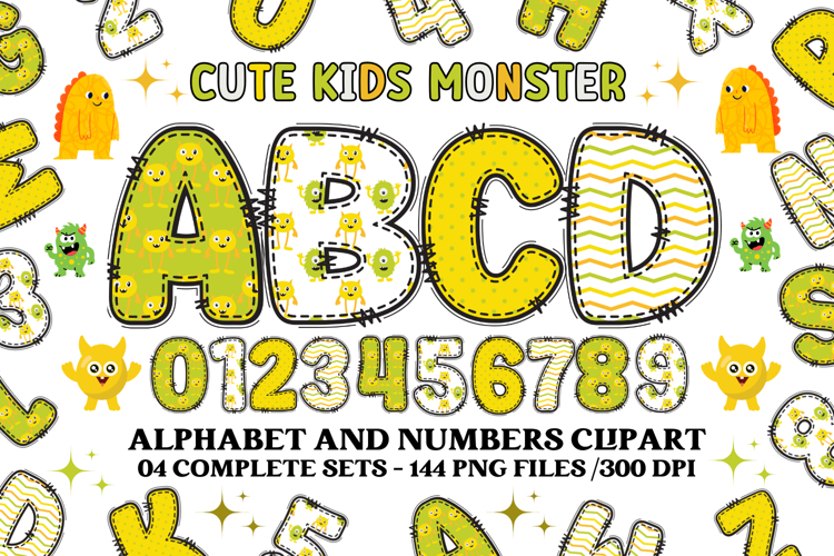 Cute Kids Monster Alphabet & Numbers doodle PNG Clipart
