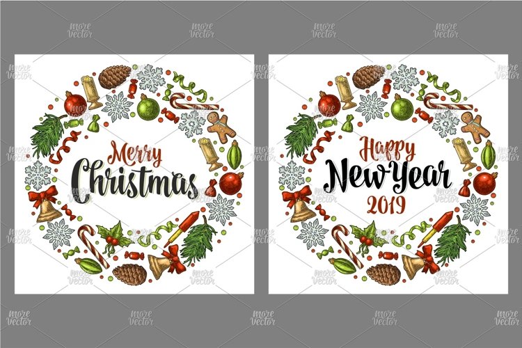 Circle shape set Merry Christmas 2019 NewYear. Engraving example image 1