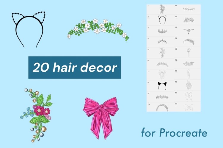 20 procreate hair decor stamps, procreate brushes