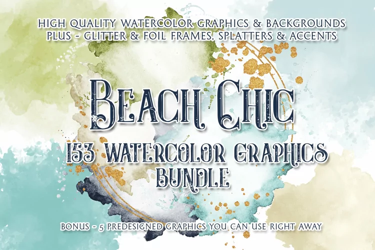 Beach Chic Watercolor Backgrounds, Graphics and Accents
