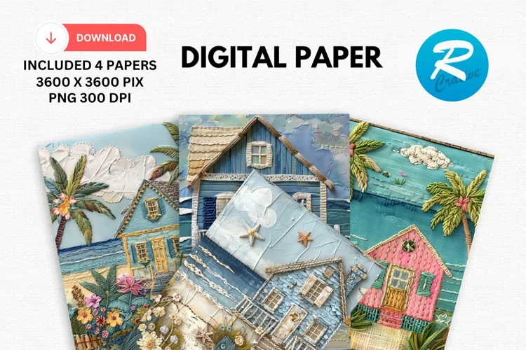 Beach Cottage Embroidered Digital Paper, Beach Background