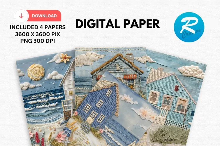 Beach Cottage Embroidered Digital Paper, Beach Background