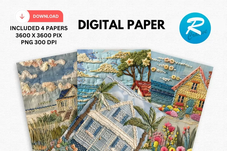 Beach Cottage Embroidered Digital Paper, Beach Background