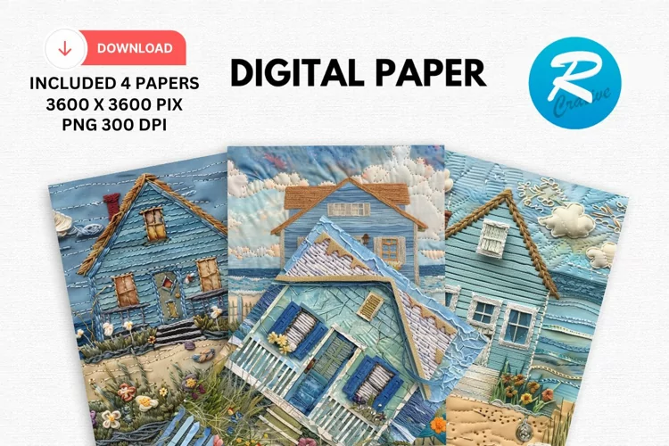 Beach Cottage Embroidered Digital Paper, Beach Background