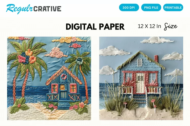 Beach Cottage Embroidered Digital Paper, Beach Background