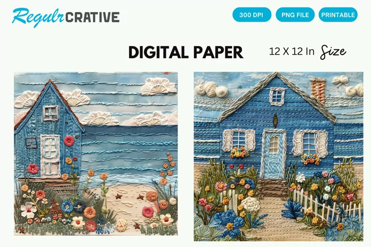 Beach Cottage Embroidered Digital Paper, Beach Background
