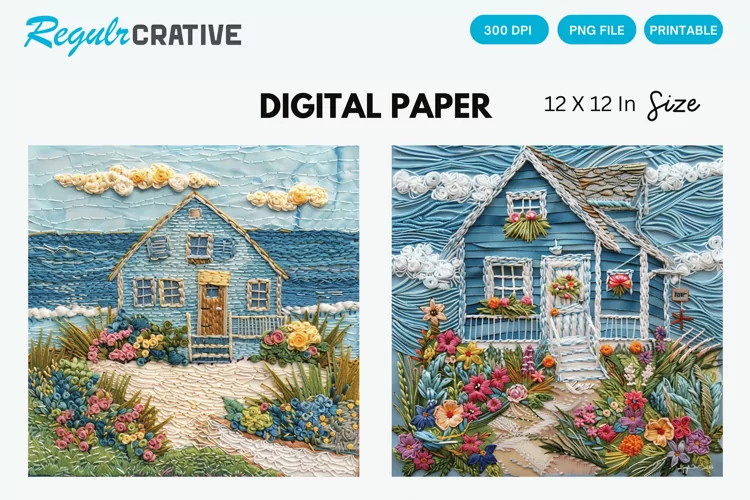 Beach Cottage Embroidered Digital Paper, Beach Background