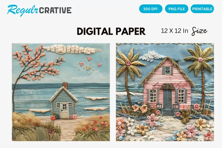 Beach Cottage Embroidered Digital Paper, Beach Background