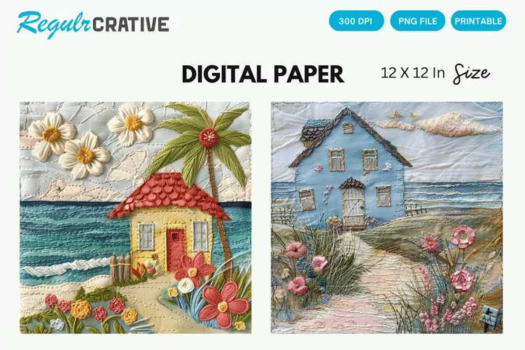 Beach Cottage Embroidered Digital Paper, Beach Background