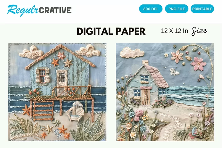 Beach Cottage Embroidered Digital Paper, Beach Background