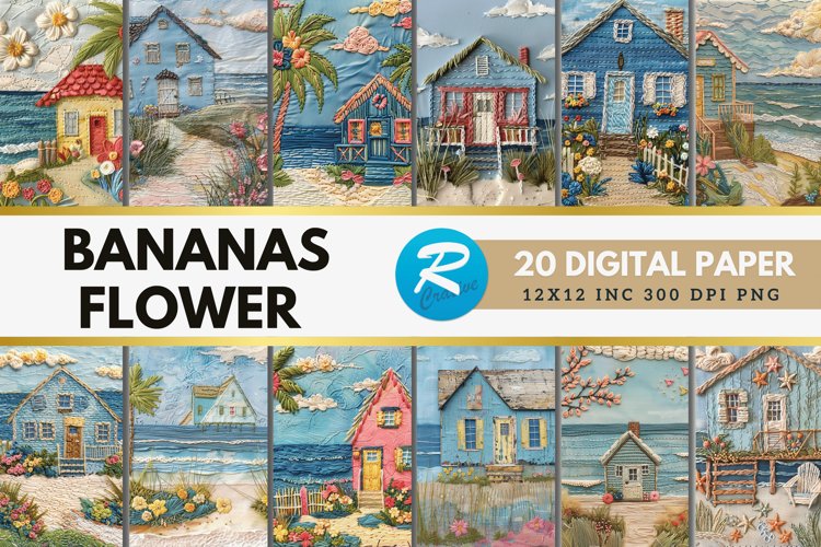 Beach Cottage Embroidered Digital Paper Bundle