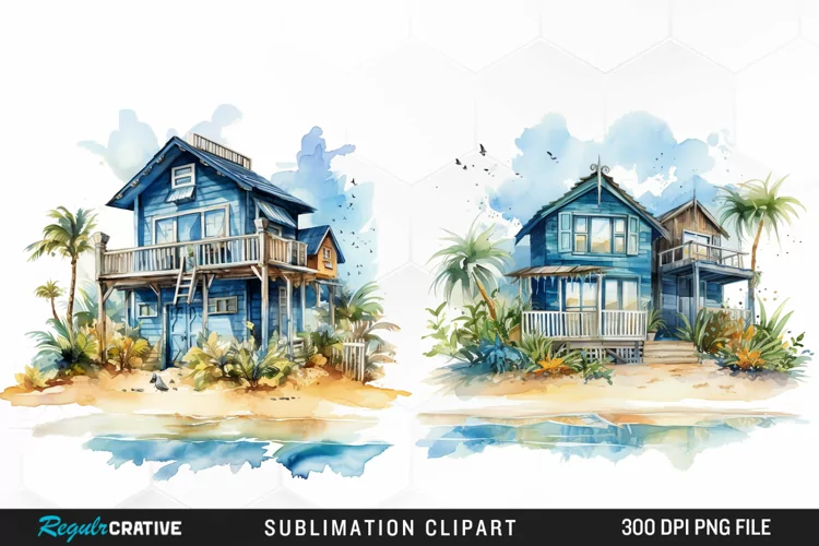 Watercolor Beach Houses Design Clipart