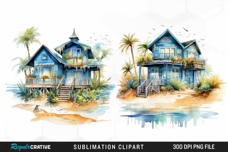 Watercolor Beach Houses Design Clipart