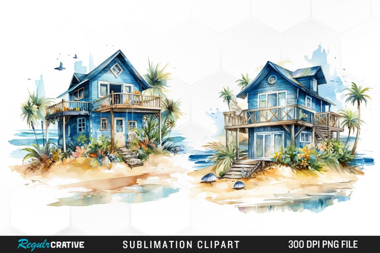 Watercolor Beach Houses Design Clipart