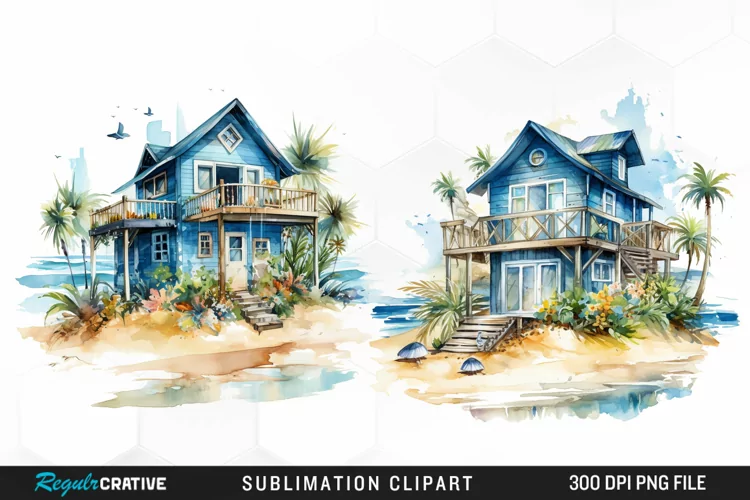 Watercolor Beach Houses Design Clipart