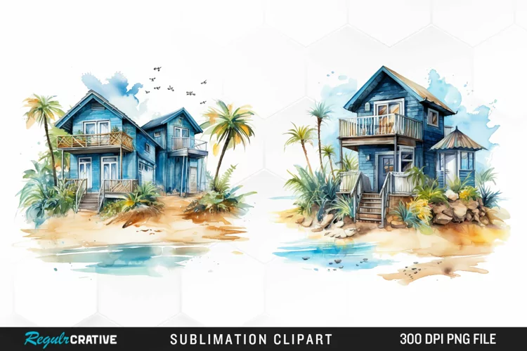 Watercolor Beach Houses Design Clipart