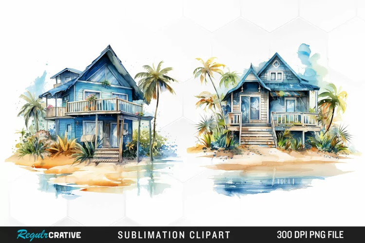 Watercolor Beach Houses Design Clipart