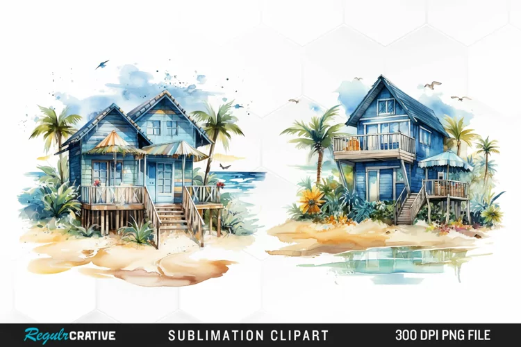 Watercolor Beach Houses Design Clipart