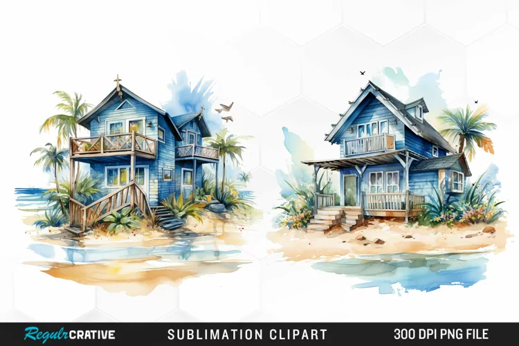 Watercolor Beach Houses Design Clipart
