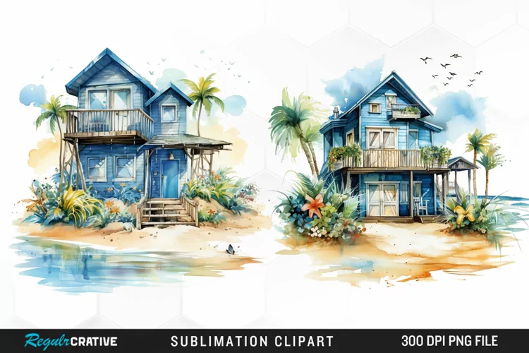 Watercolor Beach Houses Design Clipart