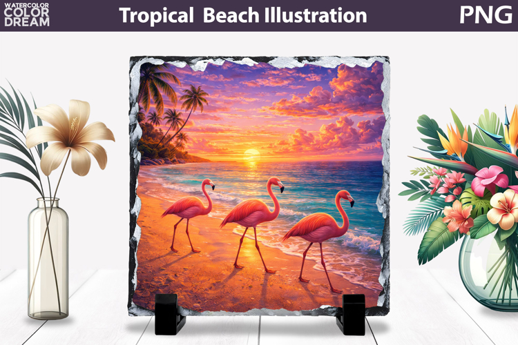 Flamingos Tropical Beach Sunset | Ocean Slate Sublimation