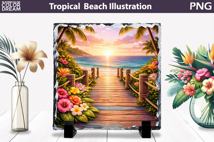 Tropical Beach Boardwalk Sunset Slate | Ocean Sublimation