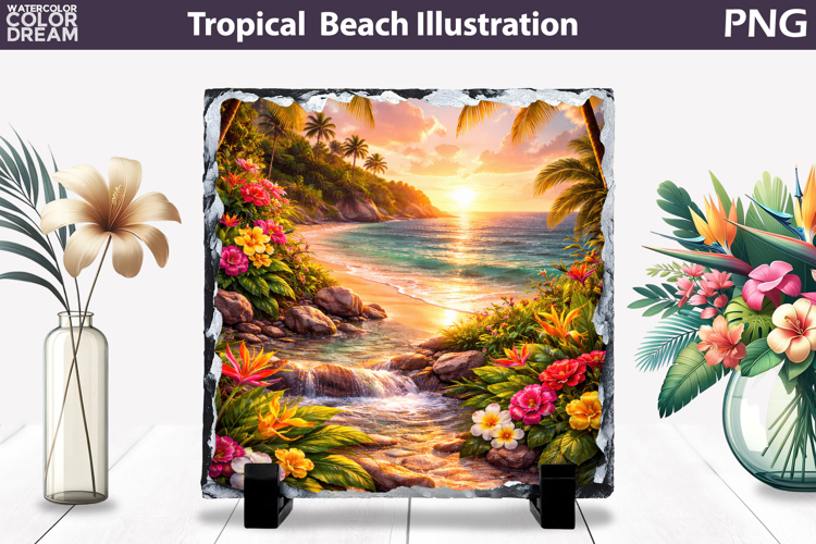 Tropical Beach Waterfall Sunset Slate | Coastal Sublimation