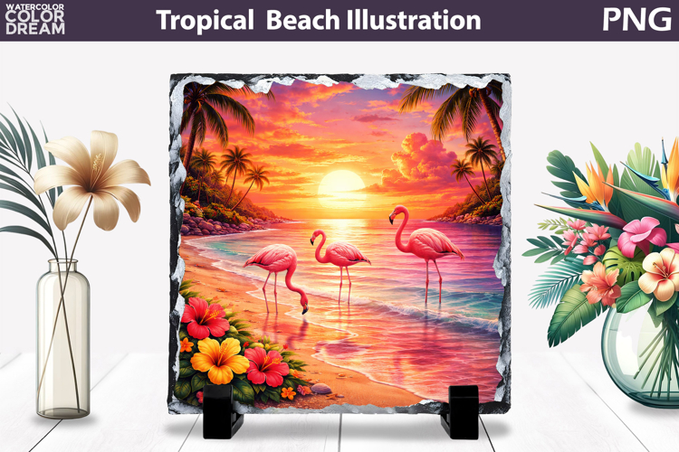 Flamingo Tropical Sunset Beach Slate | Ocean Sublimation