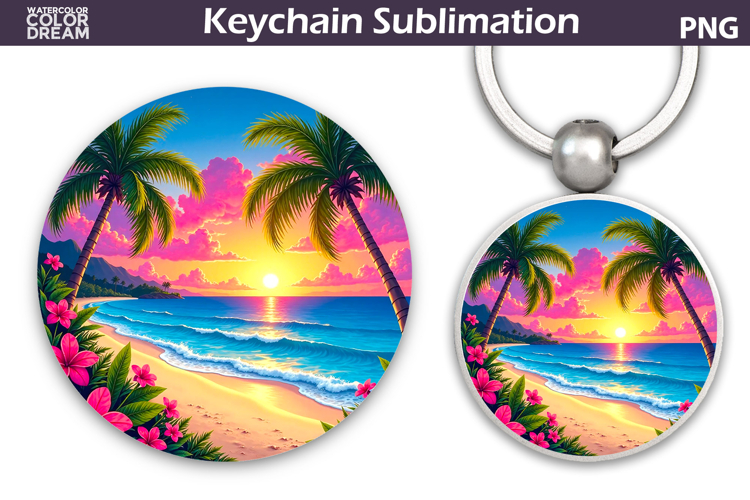 Tropical Beach Round Keychain | Summer Key Keychain