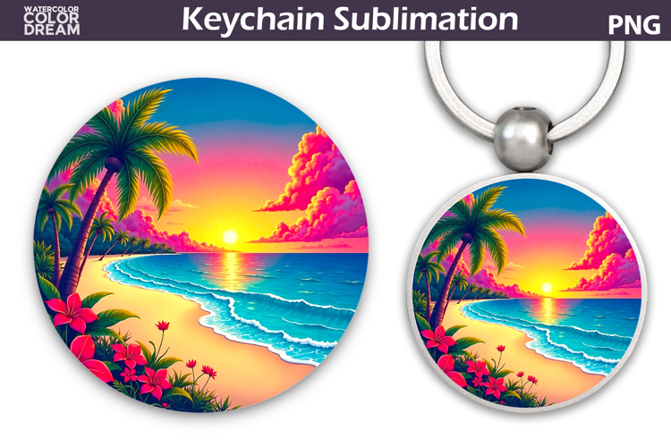 Tropical Beach Round Keychain | Summer Key Keychain