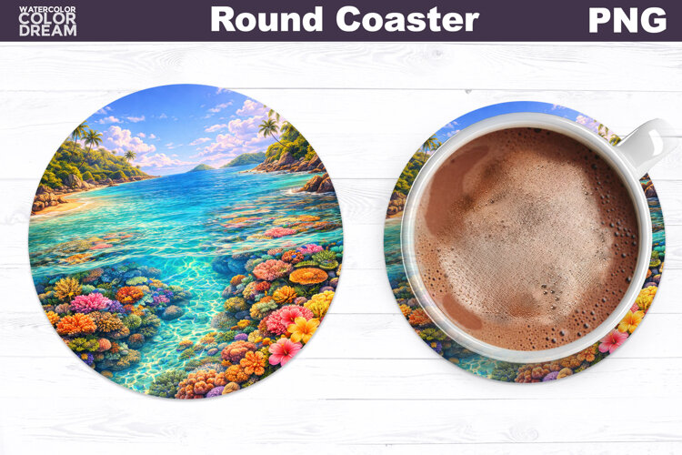 Tropical Summer Round Coaster | Sea Landscape Sublimation example image 1