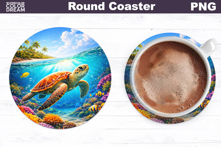 Summer Round Coaster | Sea Turtle Landscape Sublimation