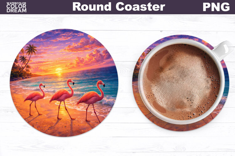 Flamingo Round Coaster | Tropical Beach Sublimation example image 1