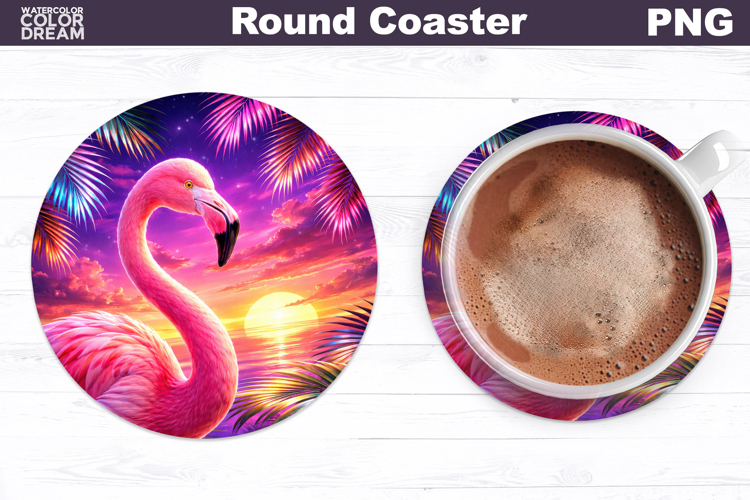 Flamingo Round Coaster | Tropical Beach Sublimation example image 1