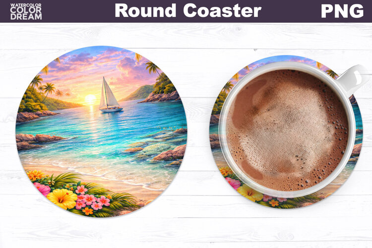 Tropical Summer Beach Round Coaster | Sea Landscape Sublimat example image 1