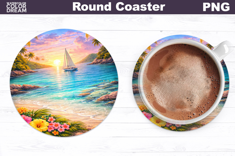 Tropical Summer Beach Round Coaster | Sea Landscape Sublimat
