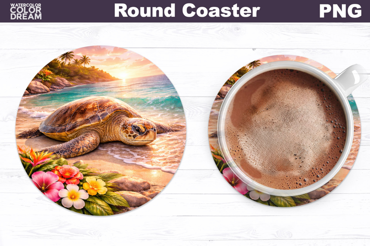 Summer Round Coaster | Sea Turtle Landscape Sublimation