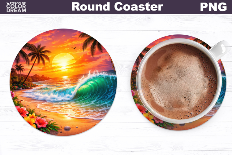 Tropical Summer Beach Round Coaster | Sea Landscape Sublimat
