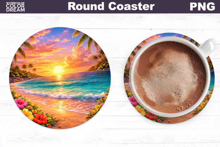 Tropical Summer Beach Round Coaster | Sea Landscape Sublimat
