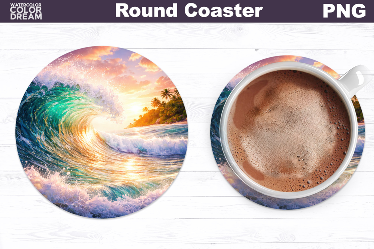 Tropical Summer Beach Round Coaster | Sea Wave Landscape