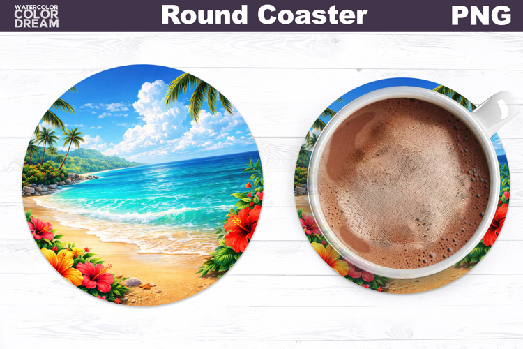 Tropical Summer Beach Round Coaster | Sea Landscape Sublimation