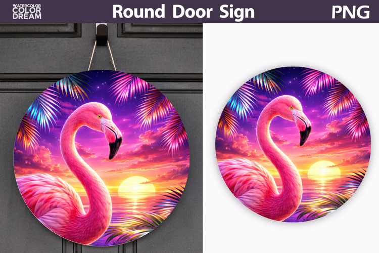 Neon Flamingo Sunset Round Sign | Tropical Door Decor