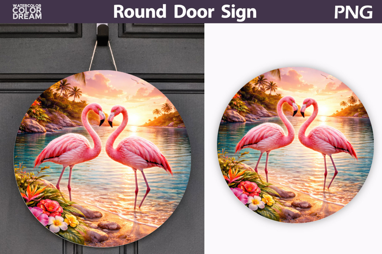Flamingo Couple Sunset Round Sign | Tropical Door Decor