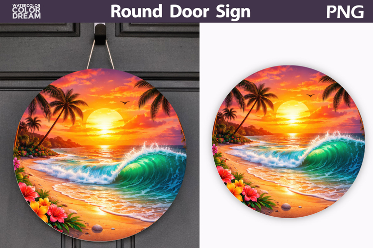 Tropical Beach Sunset Round Sign | Coastal Door Decor