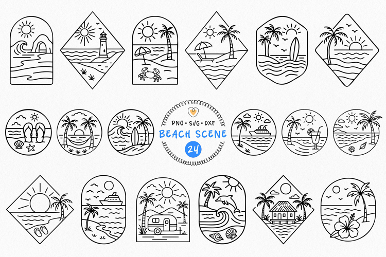 Beach Scene SVG Bundle: 24 Summer Line Art Clipart Designs