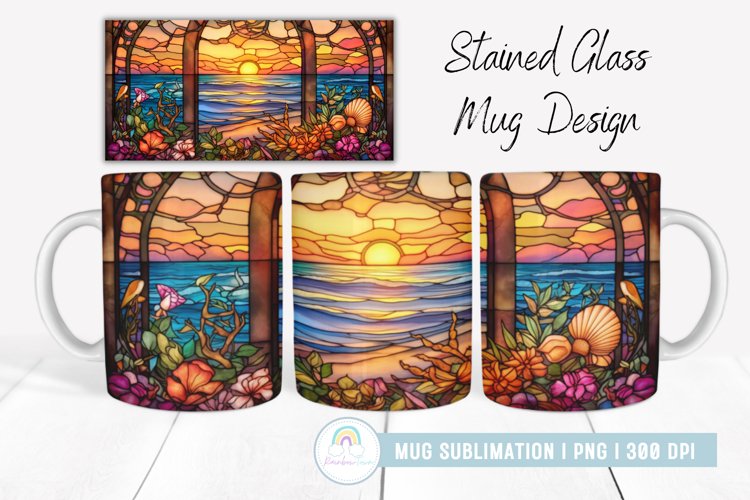 Stained Glass Beach Sunset Mug Sublimation I Mug Wrap example image 1