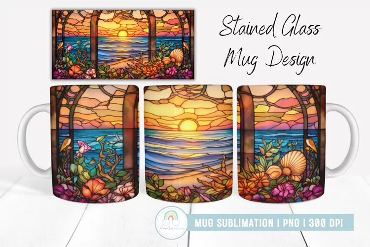 Stained Glass Beach Sunset Mug Sublimation I Mug Wrap